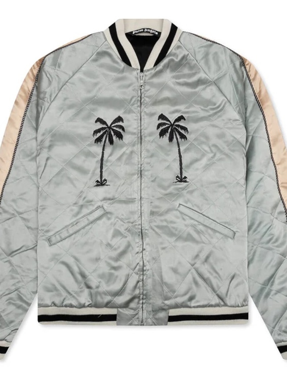 Palm Angels Men's Embroidered Souvenir Bomber Jacket Silver Beige Black L